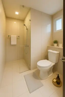 a bathroom with a toilet and a glass shower at Sunset Retreat - 4 Bedroom Home near Solaire 14pax in Manila