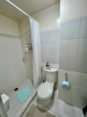 a white bathroom with a toilet and a shower at Jin's Jaunt in Manila