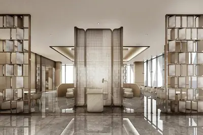 a lobby with a bathroom with a sink and mirrors at AC Hotel by Marriott Manila in Manila