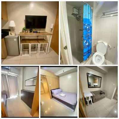 a collage of four pictures of a bathroom at Ben's stay cation in Manila