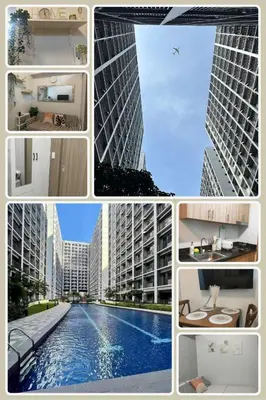 a collage of pictures of buildings and a pool at Cozy Haven Staycation in Manila