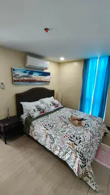 a bedroom with a bed with a dog laying on it at Venice Condotel in Manila