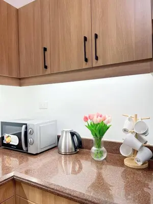 a kitchen counter with a microwave and a vase of flowers at Raya and Zane in Manila