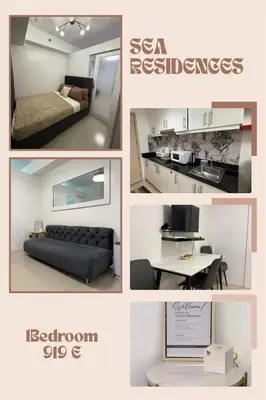 a collage of pictures of a room with a bed and a kitchen at Staycation By ABY Tower E Sea Residences in Manila