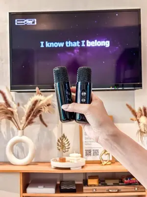 a person holding two microphones in front of a tv at Casa Del Sol in Manila