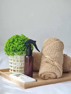 a wooden tray with a bottle of soap and a plant at 953 D shore 1 in Manila