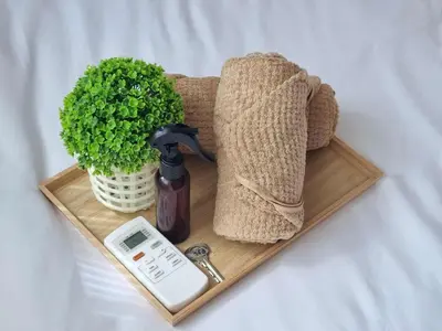 a wooden tray with a towel and a plant and a thermometer at 953 D shore 1 in Manila