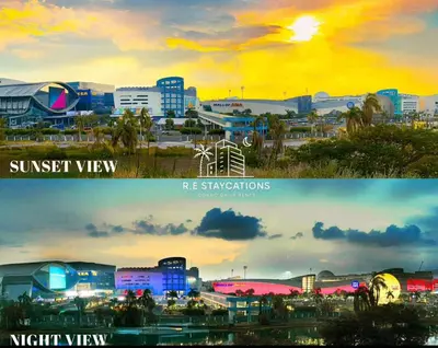 two pictures of a city at sunset and sunrise at RE Staycations MOA VIEW in Manila
