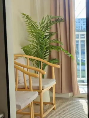 a wooden chair with a plant in front of a window at 963 D shore 1 in Manila