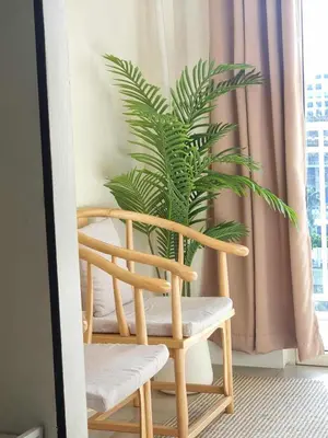 a bamboo chair with a plant in front of a window at 963 D shore 1 in Manila