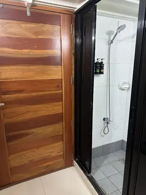 a wooden door in a bathroom with a shower at Cozy Loft Unit in Manila in Manila