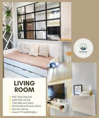 a collage of a living room with a bed and a tv at Cozy Family Suite at Fame Residences Tower 2 Mandaluyong in Manila