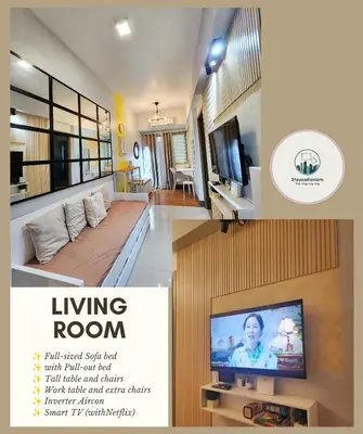 a living room with a tv and a living room with a couch at Cozy Family Suite at Fame Residences Tower 2 Mandaluyong in Manila