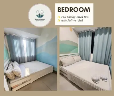 two pictures of a bed in a room at Cozy Family Suite at Fame Residences Tower 2 Mandaluyong in Manila