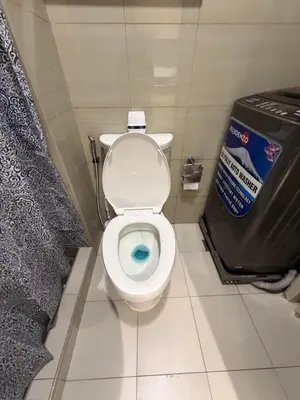 a bathroom with a toilet with a blue liquid in it at Bayshore Getaway Condotel by Clowie in Manila