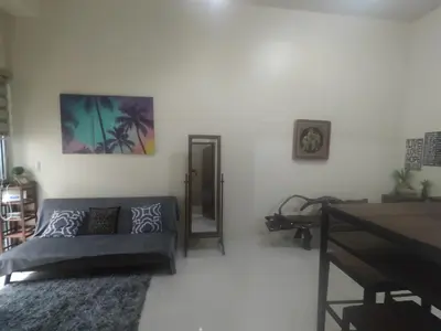 a living room with a couch and a mirror at Cozy Condo Across NAIA T3 One Palm Tree in Manila