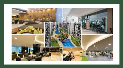 a collage of photos of a building with a pool at Premium Studio at Shore Residences in Sampong