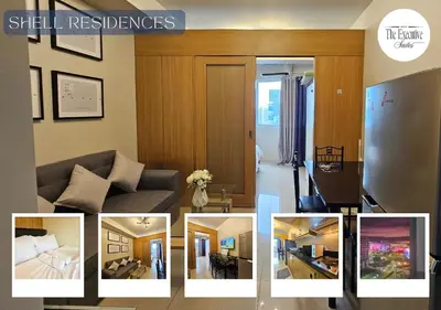 a collage of photos of a living room and a room at Shell MOA Facing View 1BR near Ikea, NAIA, PICC Shell003 in Manila