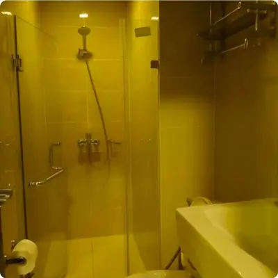 a bathroom with a shower and a toilet and a sink at Eighty One Newport Blvd Condo near NAIA3 in Manila