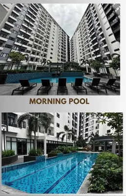 two pictures of a swimming pool in front of buildings at MC Staycation at Spring Residences Near Airport in Manila