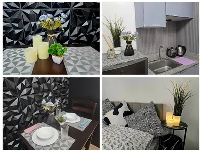 a collage of pictures of a kitchen and a table with flowers at Paseo Verde Las Pinas - Sleeps 2 Adults 2 Children in Manila