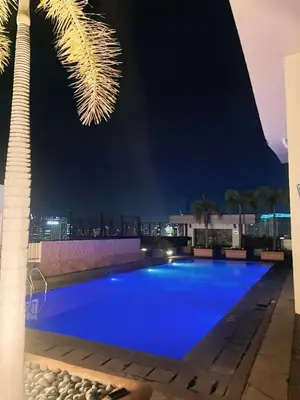 a blue swimming pool at night with a palm tree at Venice McKinley Stay with Pool, Gym, fast Wifi and Netflix in Manila