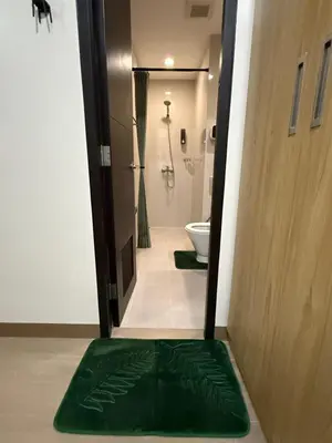 a bathroom with a green floor mat in the hallway at Lovekin's Nest at The Verdin in General Trias