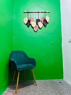 a green wall with a blue chair and a green wall at PPL Homestay