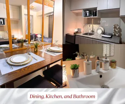 two pictures of a kitchen with a sink and a table at The Verdin Sweet at Maple Grove Gen Tri Cavite in General Trias