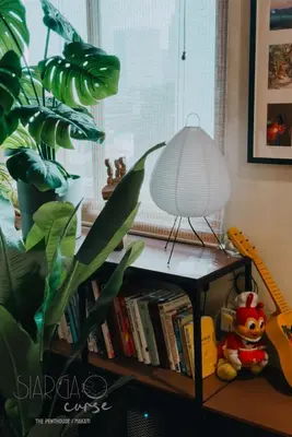 a book shelf with a lamp and a plant at Hidden Gem - Spacious Penthouse with Siargao Vibe in Manila