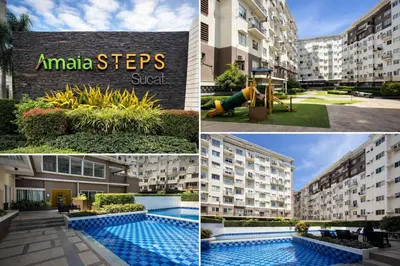 a collage of photos of an apartment building and a swimming pool at Amaia Steps Sucat in Manila