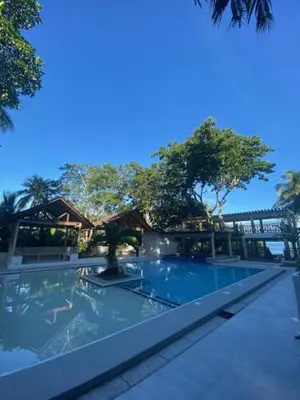 a swimming pool with a tree in the middle of it at Island Garden Beach Resort in Manila