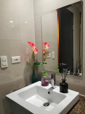 a bathroom sink with pink flowers in a mirror at Cluster4 4A in Manila