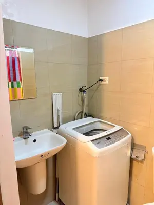 a small bathroom with a sink and a washing machine at Euphoria Suites Shore 2 Tower 1 Residences in Manila