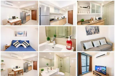 a collage of photos of a kitchen and living room at Modern 1BR One Uptown Residence Walk to UptownMall in Manila