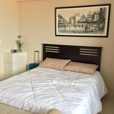 a bedroom with a bed with a picture on the wall at One Palm Tree Villa CC9N in Manila