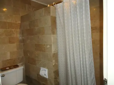 a bathroom with a shower curtain and a toilet at Park Bed and Breakfast Hotel Pasay in Manila