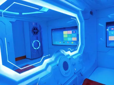 an empty room with a blue lighted machine at 8Hostel in Manila