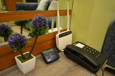 a desk with a phone and a speaker and flowers at A Homey Place At Adriatico in Manila