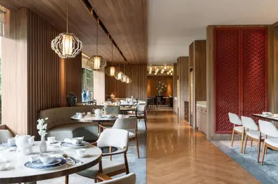 a dining room with tables and chairs and a restaurant at Edsa Shangri-La, Manila in Manila
