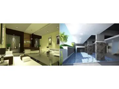 two pictures of a living room and a lobby at Yong's Place at Vista Residences Taft in Manila
