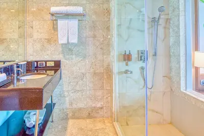 a bathroom with a shower and a sink at Eastwood Richmonde Hotel Quezon City in Manila