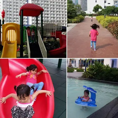 a collage of four pictures of a little girl on a slide at Jazz Hunter Residence in Manila