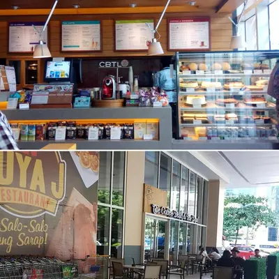 two pictures of a restaurant with a counter and food at Jazz Hunter Residence in Manila