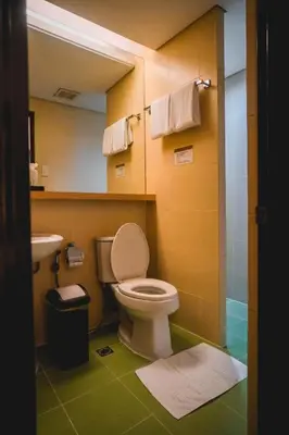 a bathroom with a toilet and a sink and a mirror at Manila Grand Opera Hotel in Manila