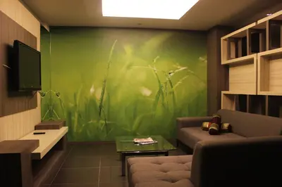 a living room with a couch and a green wall at Mount Sea Resort in Rosario
