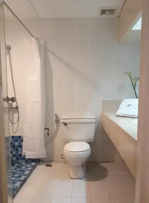 a bathroom with a toilet and a shower and a sink at Paragon Tower Hotel in Manila