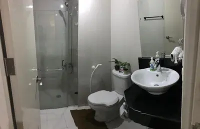 a bathroom with a shower and a toilet and a sink at One Palm Tree Apartments in Manila