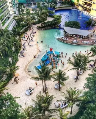 an aerial view of a water park at a resort at Azure C7 Balcony, Wifi, Near Mall Airport in Manila