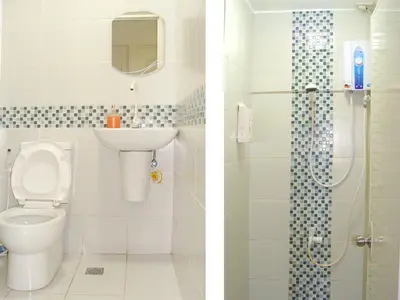 two pictures of a bathroom with a toilet and a shower at DG Budget Hotel Salem in Manila